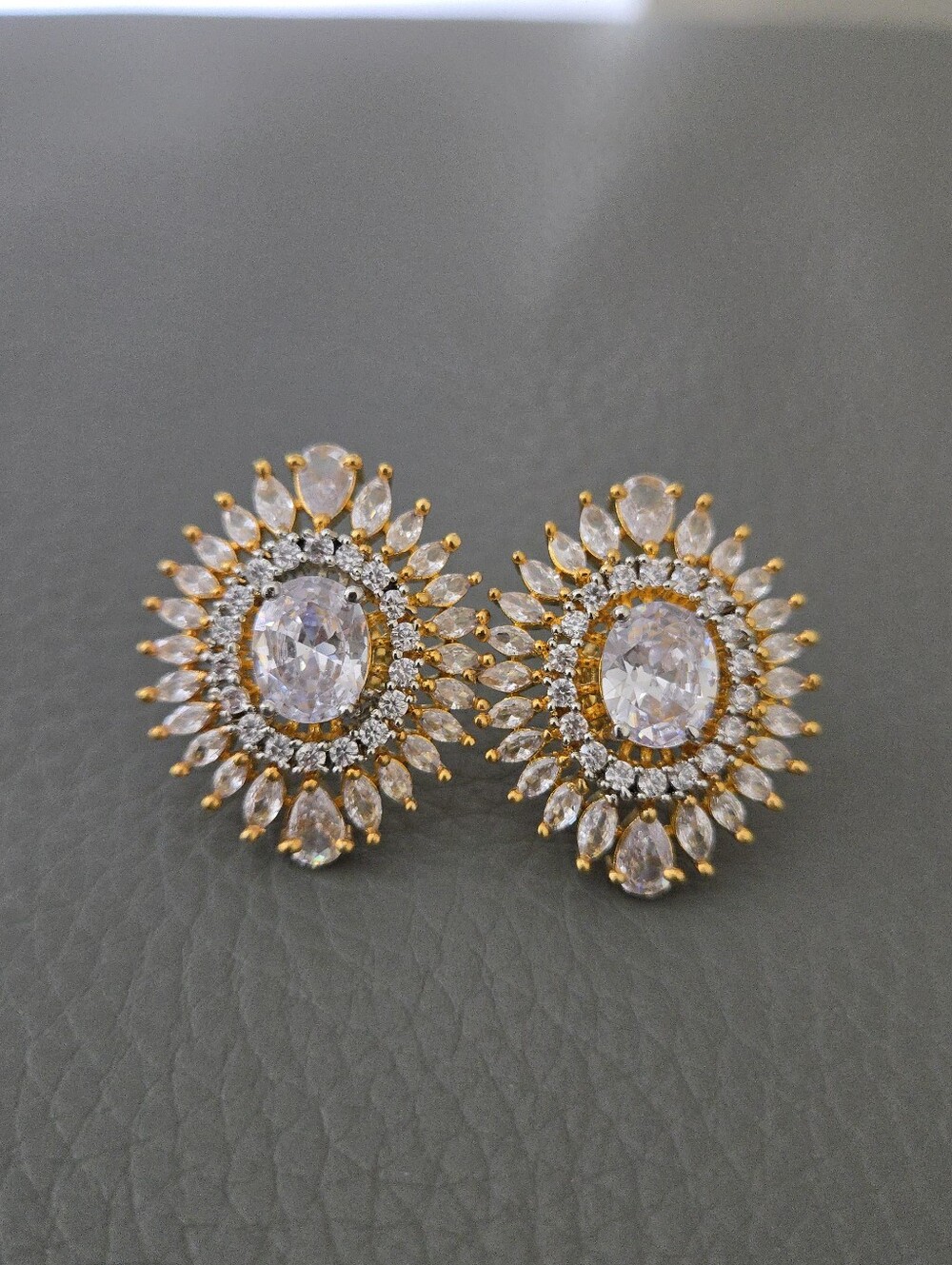 Gold Tone Large Sunburst Stud Push Back Clear Diamond Earrings Oval Jewelry